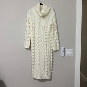Farm Rio Chunky Cable Knit Sweater Dress Ivory Size XS Pompoms